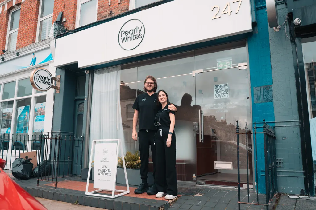 Dr Lia Melconian and Grant Goodstein outside Pearly Whites at 247 Munster Road